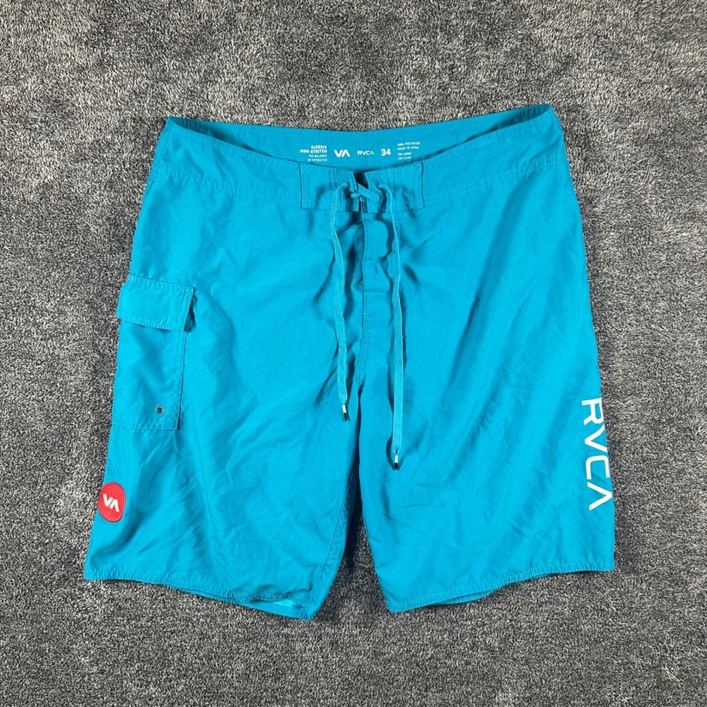 RVCA Board Shorts Mens 34 Classic Non-Stretch Teal Blue Logo Surf Swim Trunks